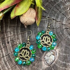 Green earrings Circle ring earrings bronze green teal glass crystal Czech boho